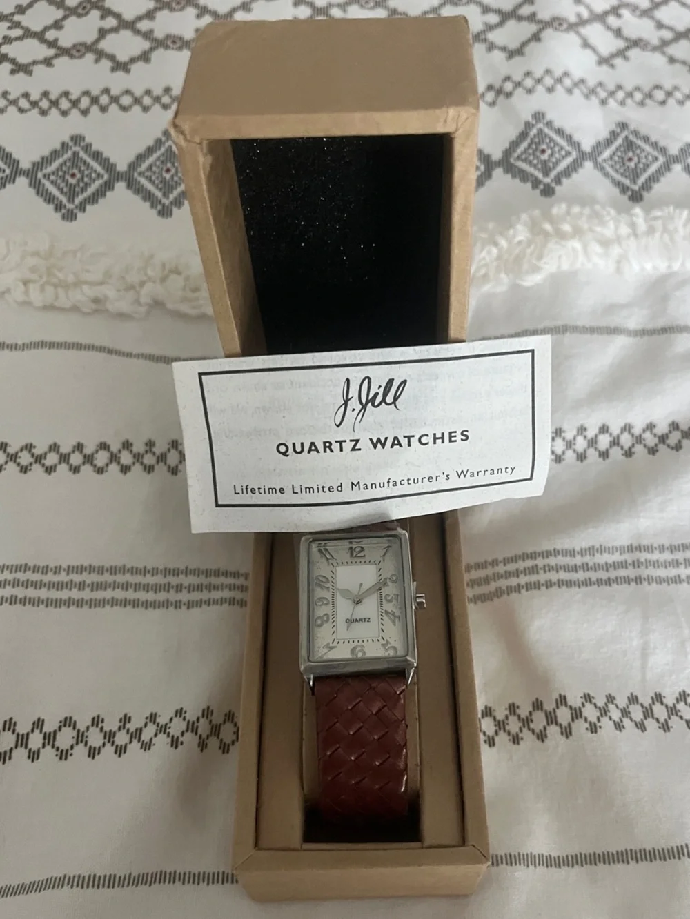 J. Jill:  Silver-Tone Rectangular Watch with Brown Braided Strap